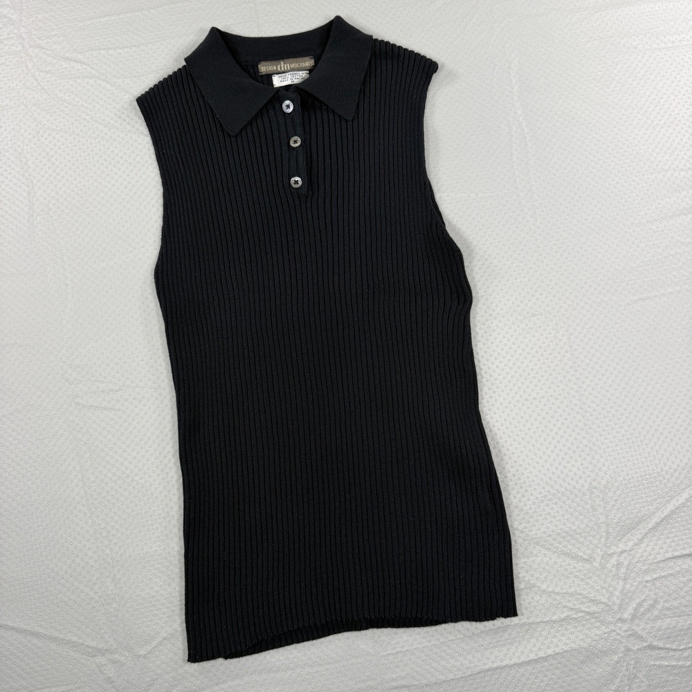 Vintage Design Merchants Black Ribbed Knit Sleeveless Polo Top Sz M Cotton
